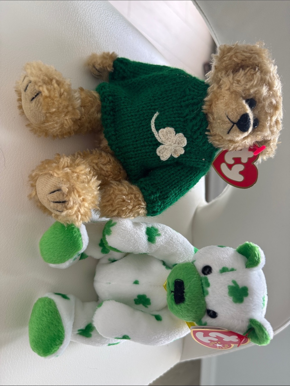 Ty Plush Bears Bundle - Brown Bear with Green Sweater & White Shamrock Bear